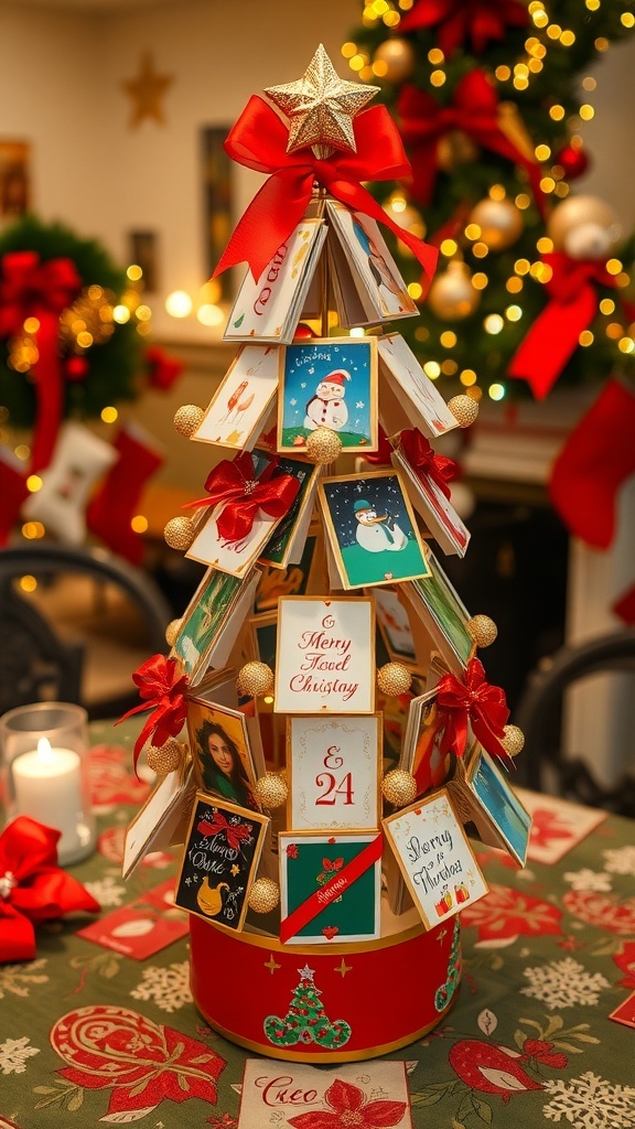 A Christmas card tree made of colorful cards, decorated with ribbons and ornaments on a festive table.
